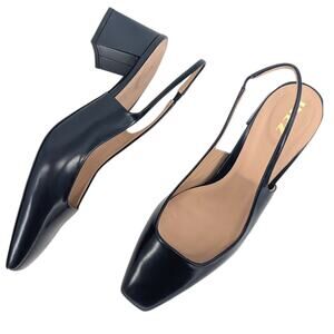 INEZ Coco Navy Blue Leather Slingback Heels 10.5 Square Toe Block Heel Spain